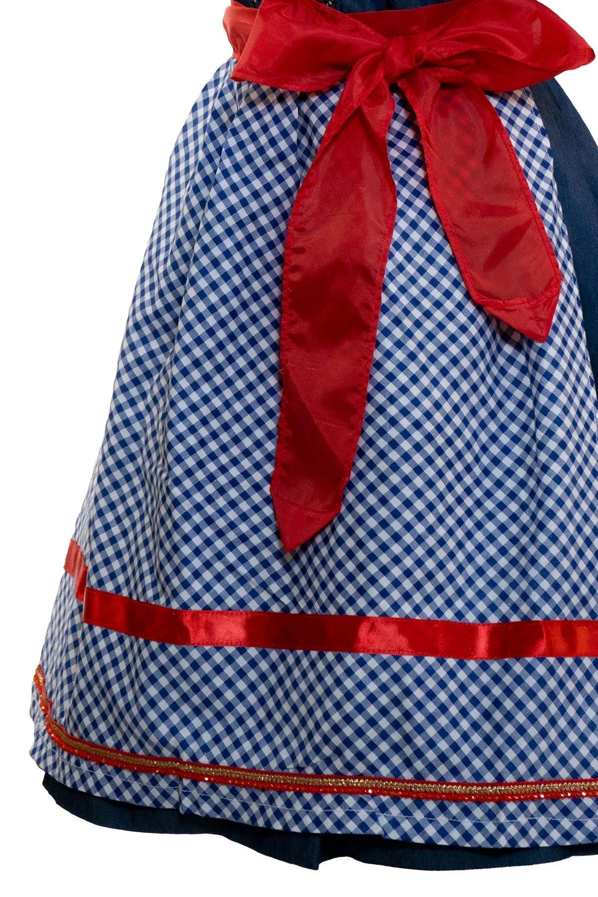 Women's dirndl skirt with lace apron, blue gingham with red tie, red trim stripe at hem