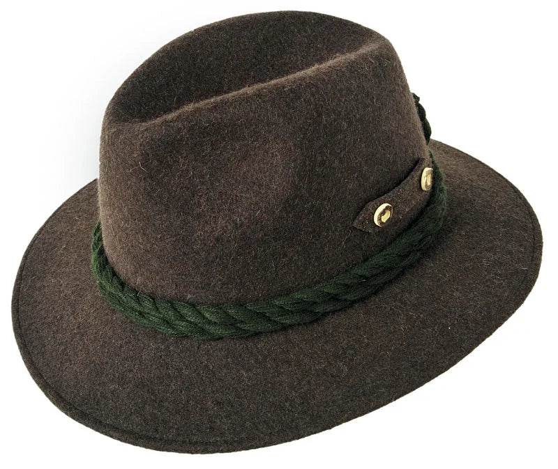 Men's dark felt trachten hat with green braided band and brass buttons, wide brim