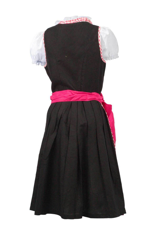 Women's dirndl dress, back view: black pleated skirt, pink waist tie, white puff sleeves