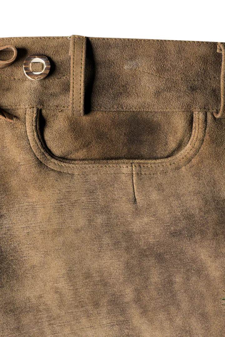 Men's tan traditional shorts with stitched front pocket and metal belt buckle