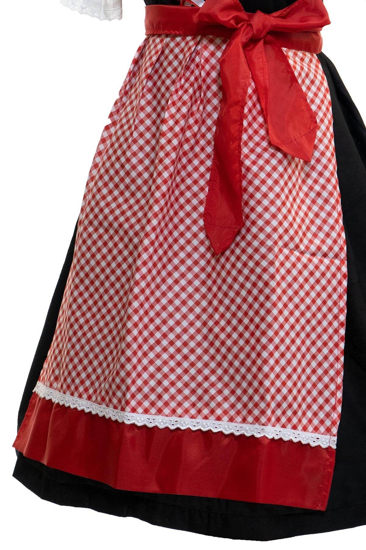 Red-and-white gingham dirndl skirt with black hem, red satin ribbon bow