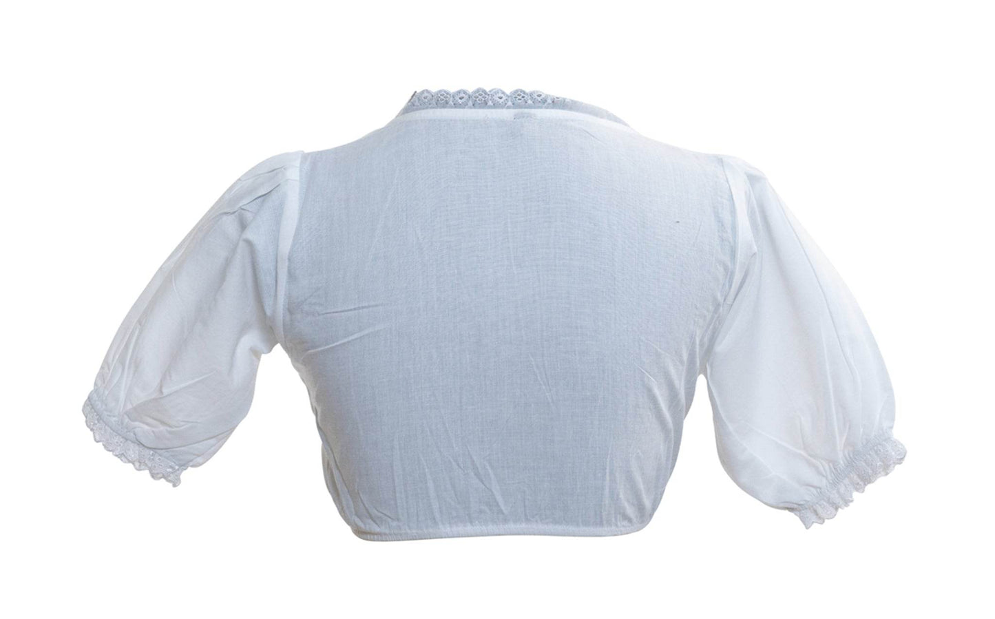 Light blue women's dirndl blouse, back view, square lace-trim neckline and puff sleeves