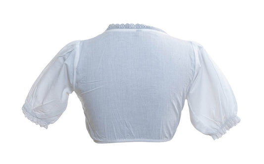Light blue women's dirndl blouse, back view, square lace-trim neckline and puff sleeves
