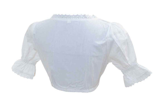 Light blue women’s dirndl blouse back view with lace-trim collar and short puff sleeves
