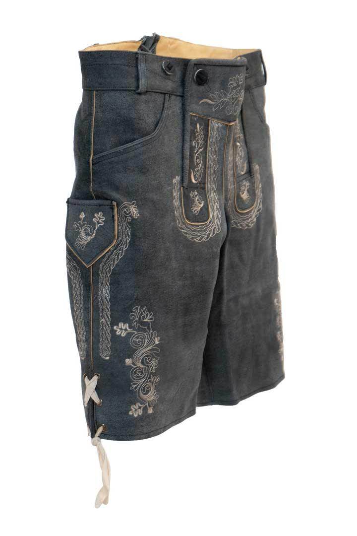 Dark blue leather lederhosen with large ornate embroidery on side and hanging ties