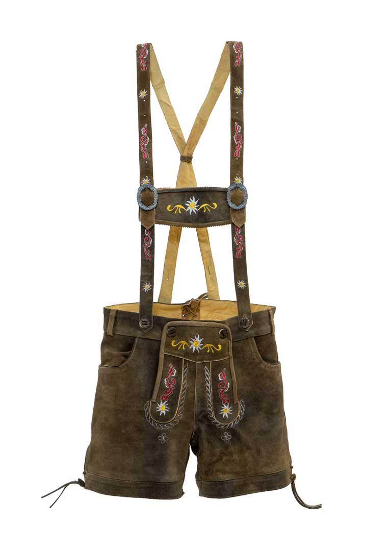 Women’s Bavarian brown leather shorts with classic embroidery and suspenders