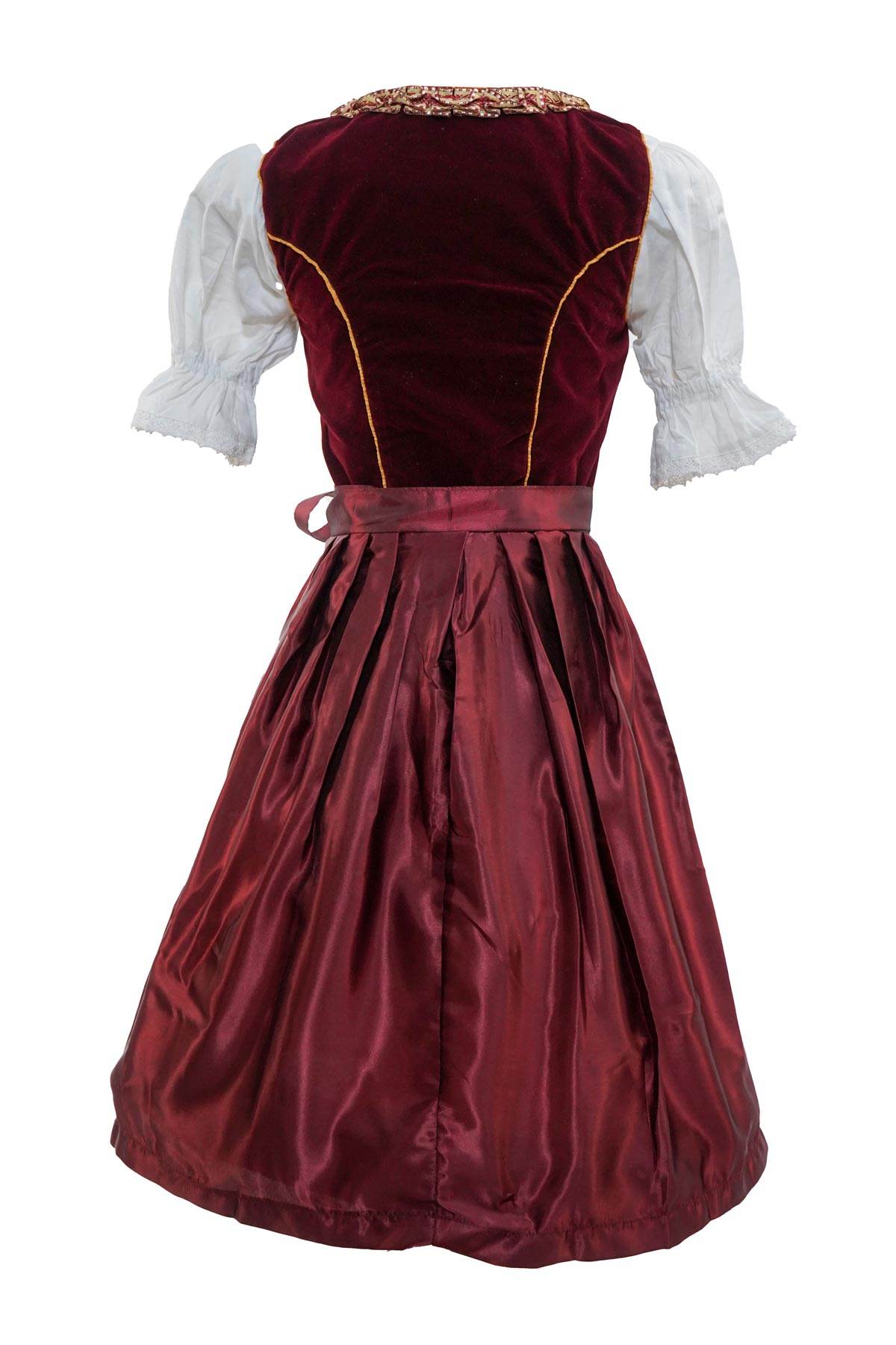 Back of elegant dirndl set with burgundy fitted bodice, white puff sleeves, pleated skirt