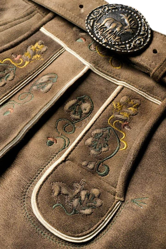 Men's tan traditional shorts with embroidered pocket flaps and decorative braid trim