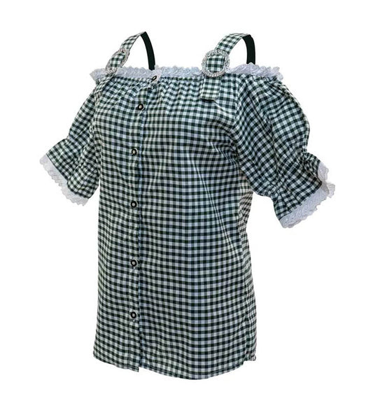 Women's dark green and white gingham off-shoulder blouse, ruffled neckline and buttons