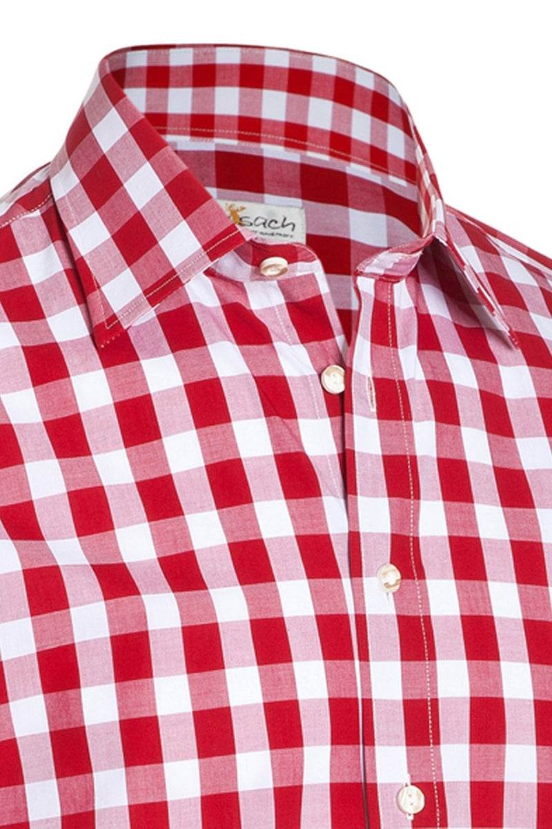 Red and white checkered shirt collar with gold buttons and long sleeves