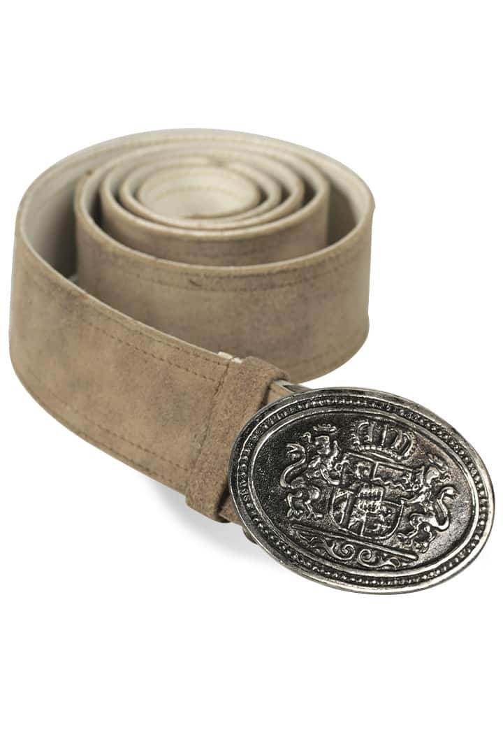 Beige suede-look belt with oval silver-toned buckle featuring coat-of-arms crest