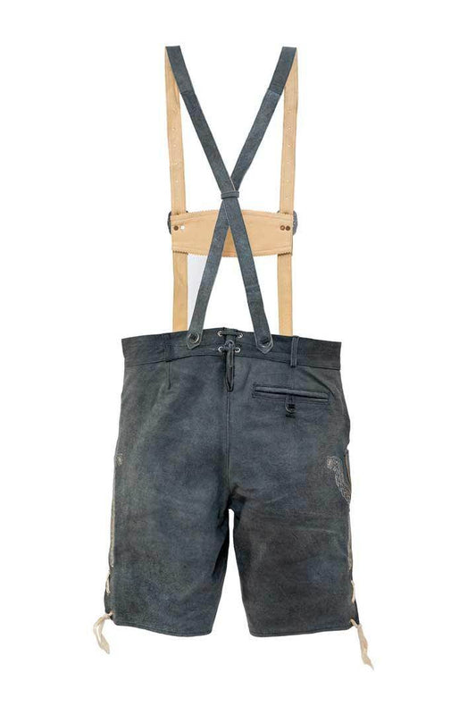 Dark blue leather lederhosen with suspenders, front fly and side straps