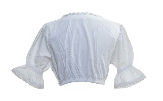 Women's dirndl blouse back view, light blue gathered yoke, puff sleeves, elastic waist