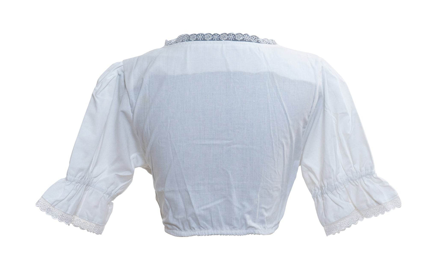 White dirndl blouse back view with gathered waist, blue-trim neckline and lace cuffs