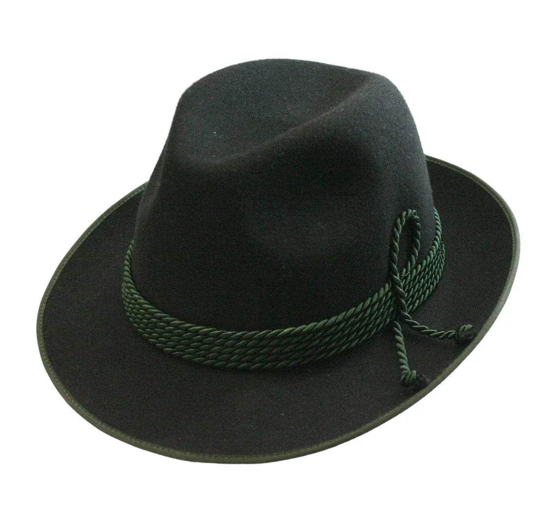 Men's wide-brim felt hat with green braided cord band, dark color