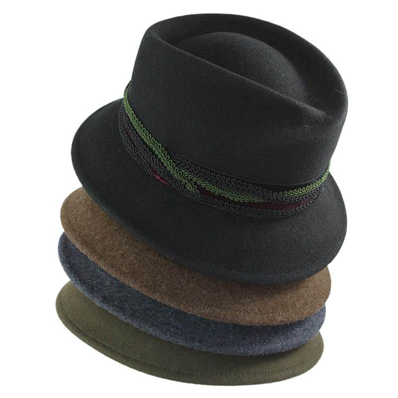 Felt trachten hat with braided band trim, black and brown, blue, green stacked