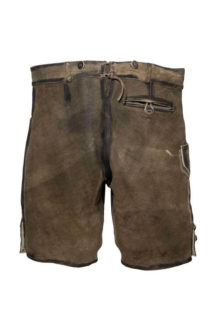 Men's dark brown leather lederhosen with button fly, belt loops, and side pockets