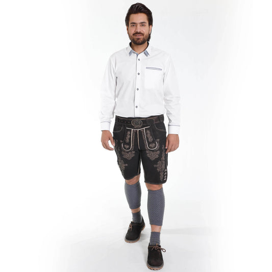 Men's dark lederhosen shorts with ornate panels, worn with a belt and socks.