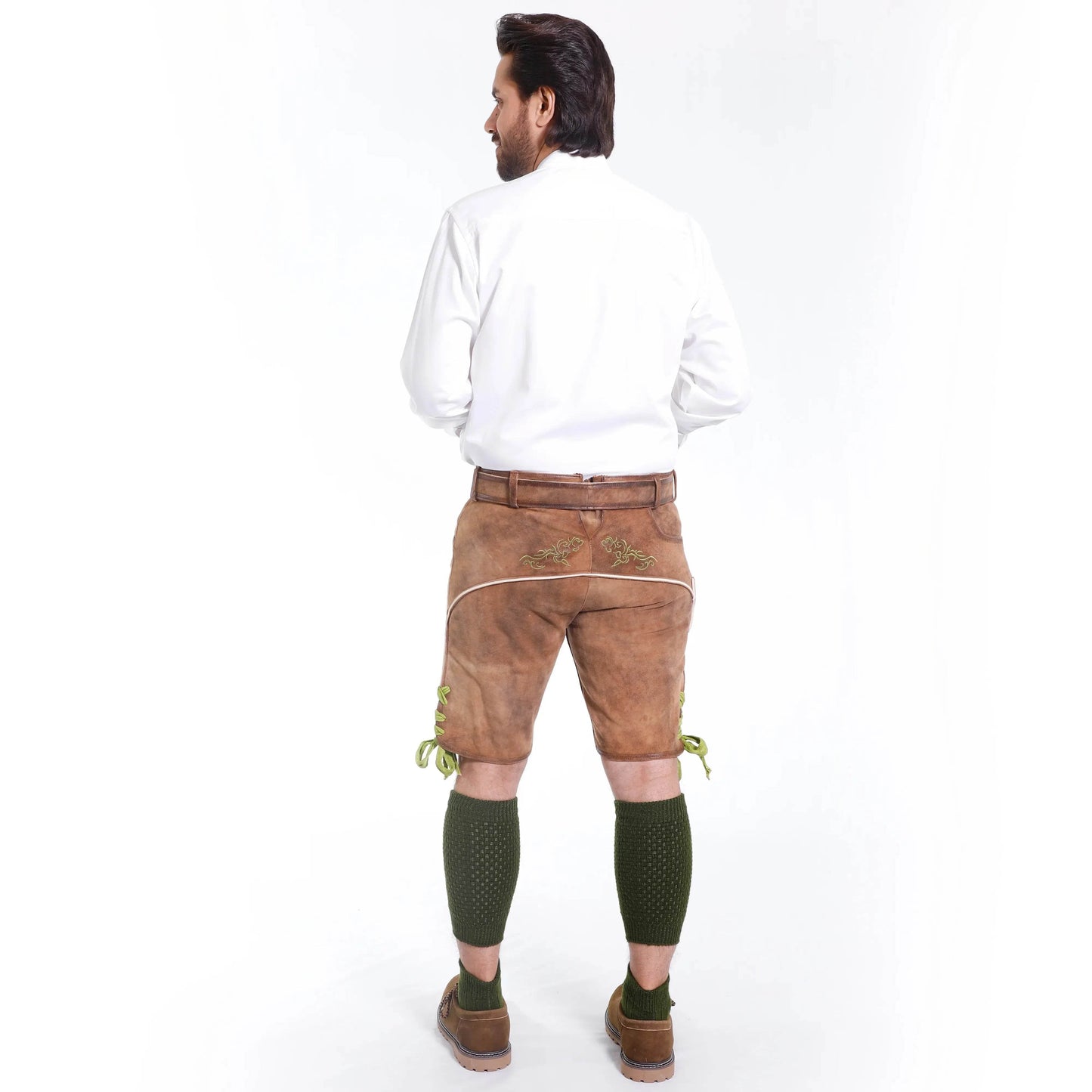 Brown leather short lederhosen for men, back view with belt and green lace ties