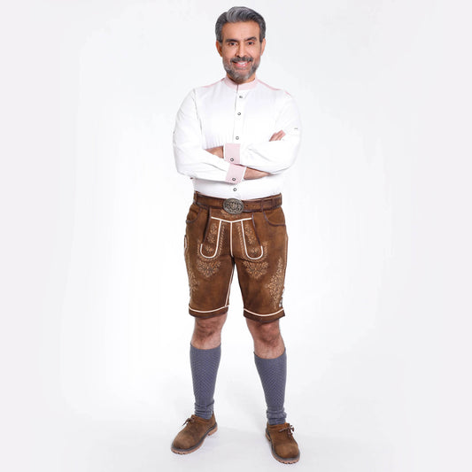 Brown short leather lederhosen with decorative embroidery, belt, and knee socks