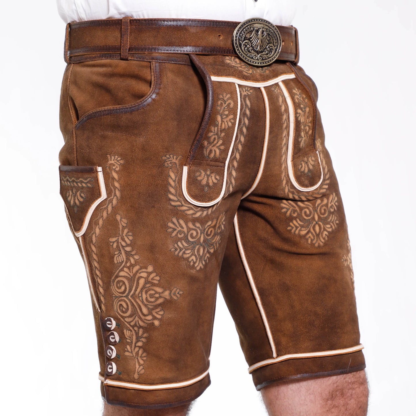 Männer Lederhose kurz mit gesticktem Hirschsymbol - Lederhose Herren