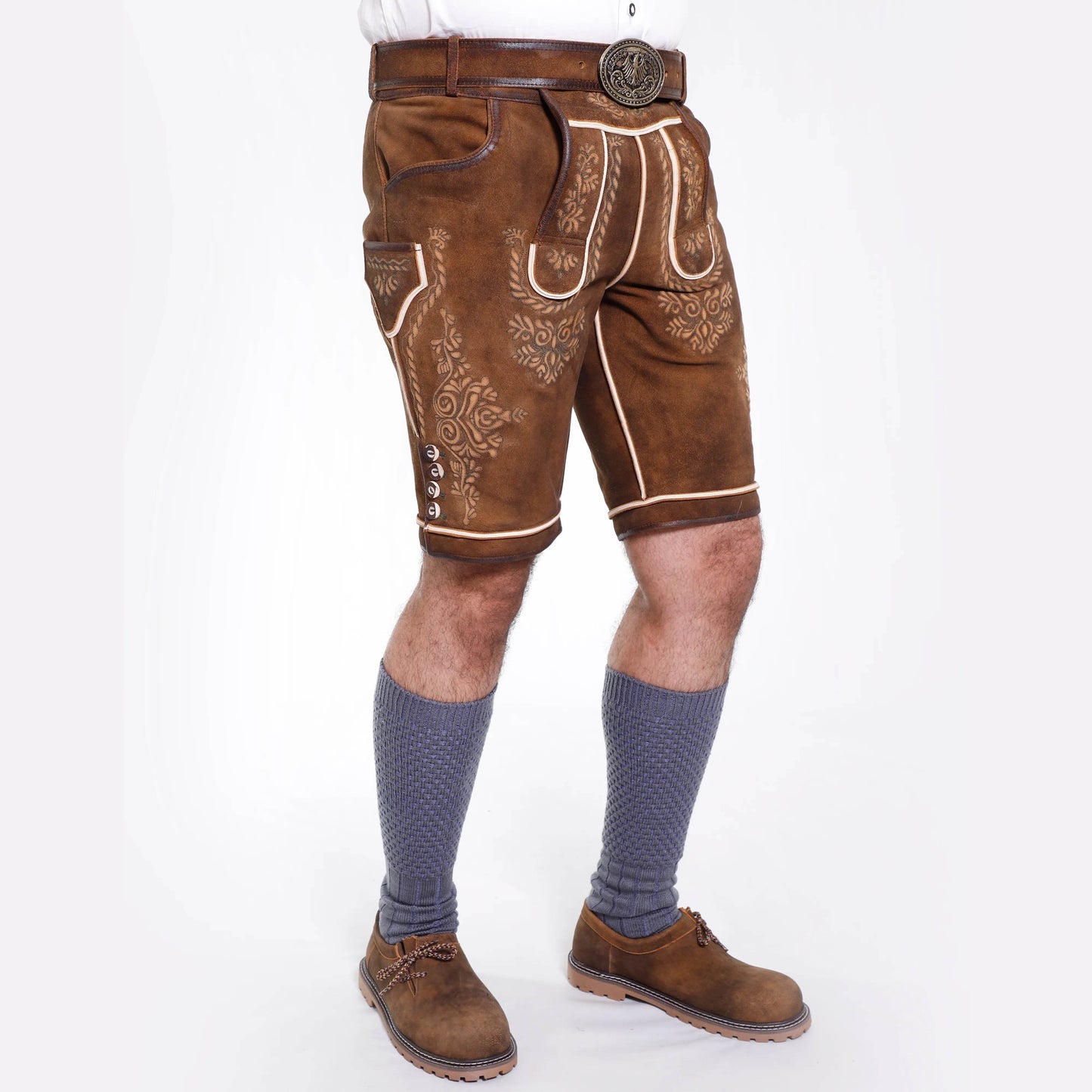 Brown leather lederhosen with ornate embroidery, belt, and stitched leg hems