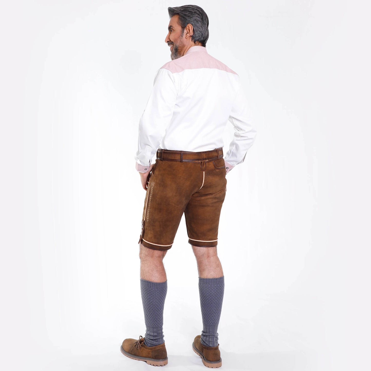 Brown leather lederhosen shorts with belt and deer embroidery details on the legs