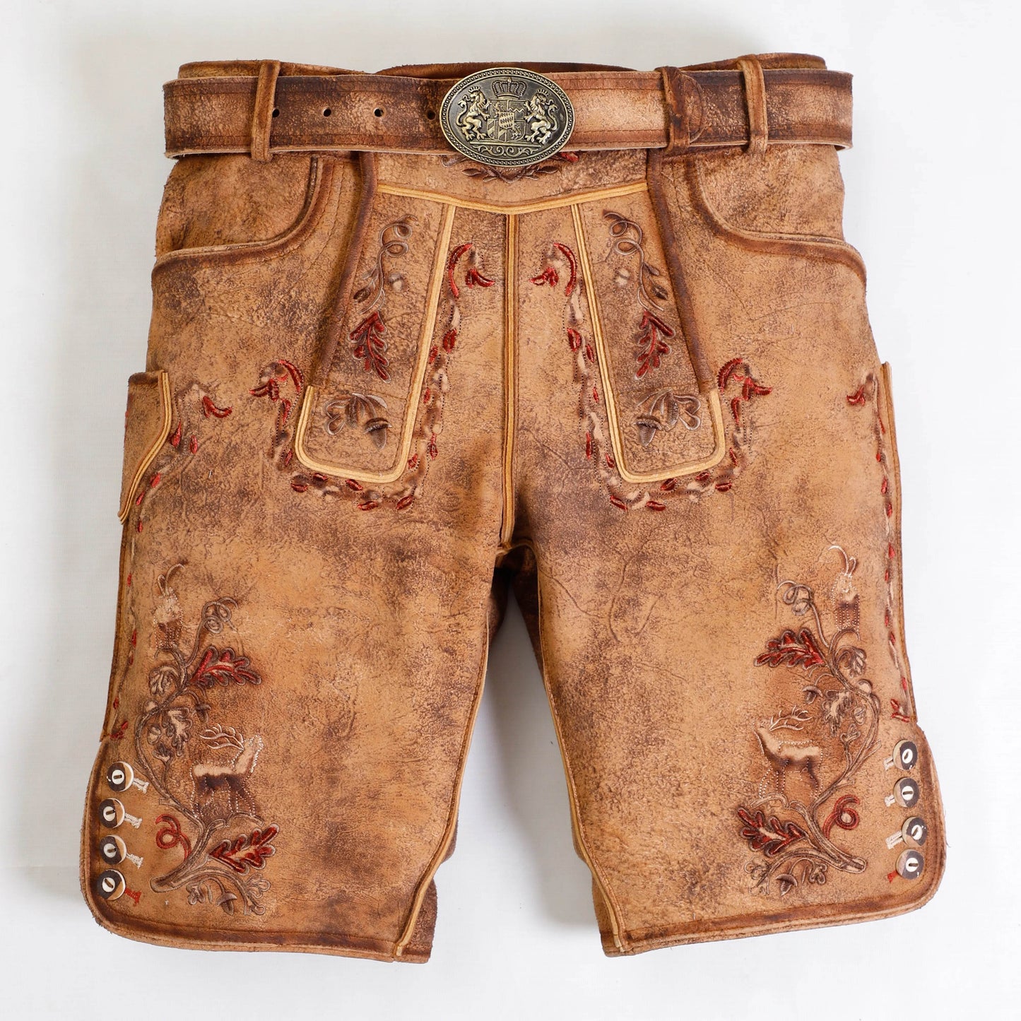 Bayerische Kurz Trachtenlederhose mit Stickerei und Latz - Lederhose Herren