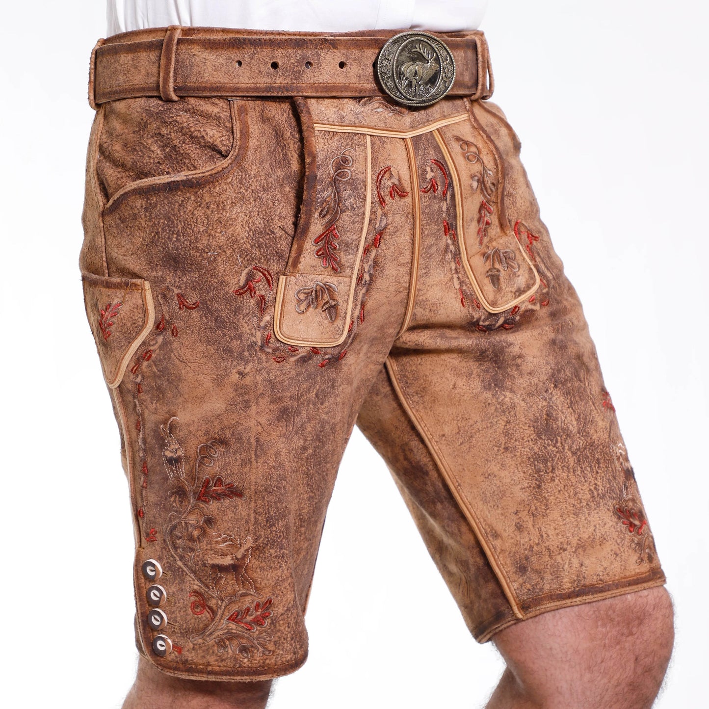 Bayerische Kurz Trachtenlederhose mit Stickerei und Latz - Lederhose Herren
