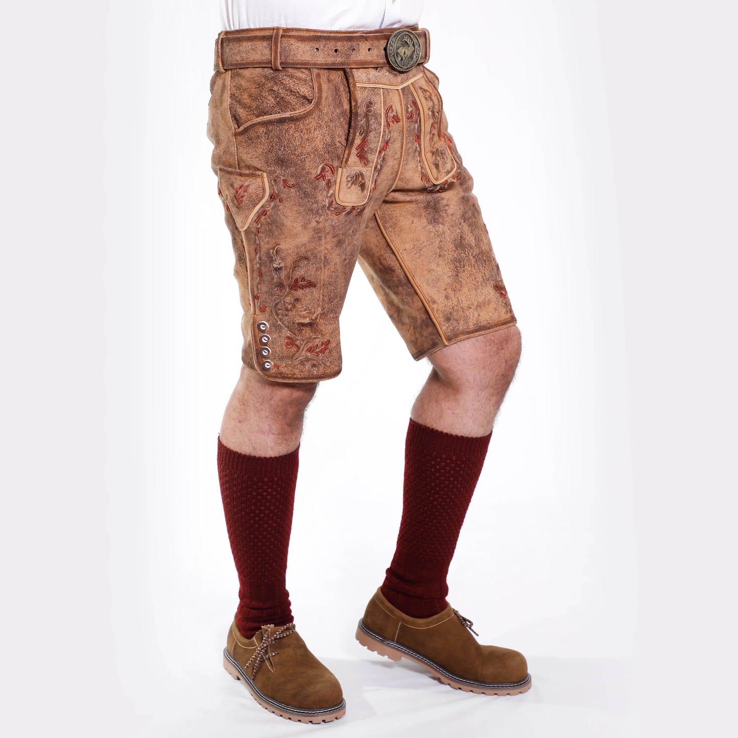 Bayerische Kurz Trachtenlederhose mit Stickerei und Latz - Lederhose Herren