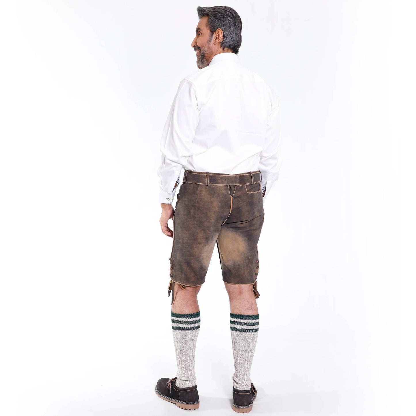Brown suede lederhosen with wide belt and side leg ties
