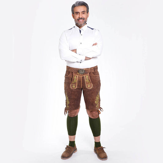 Brown leather lederhosen shorts with ornate front embroidery panels and side tie laces