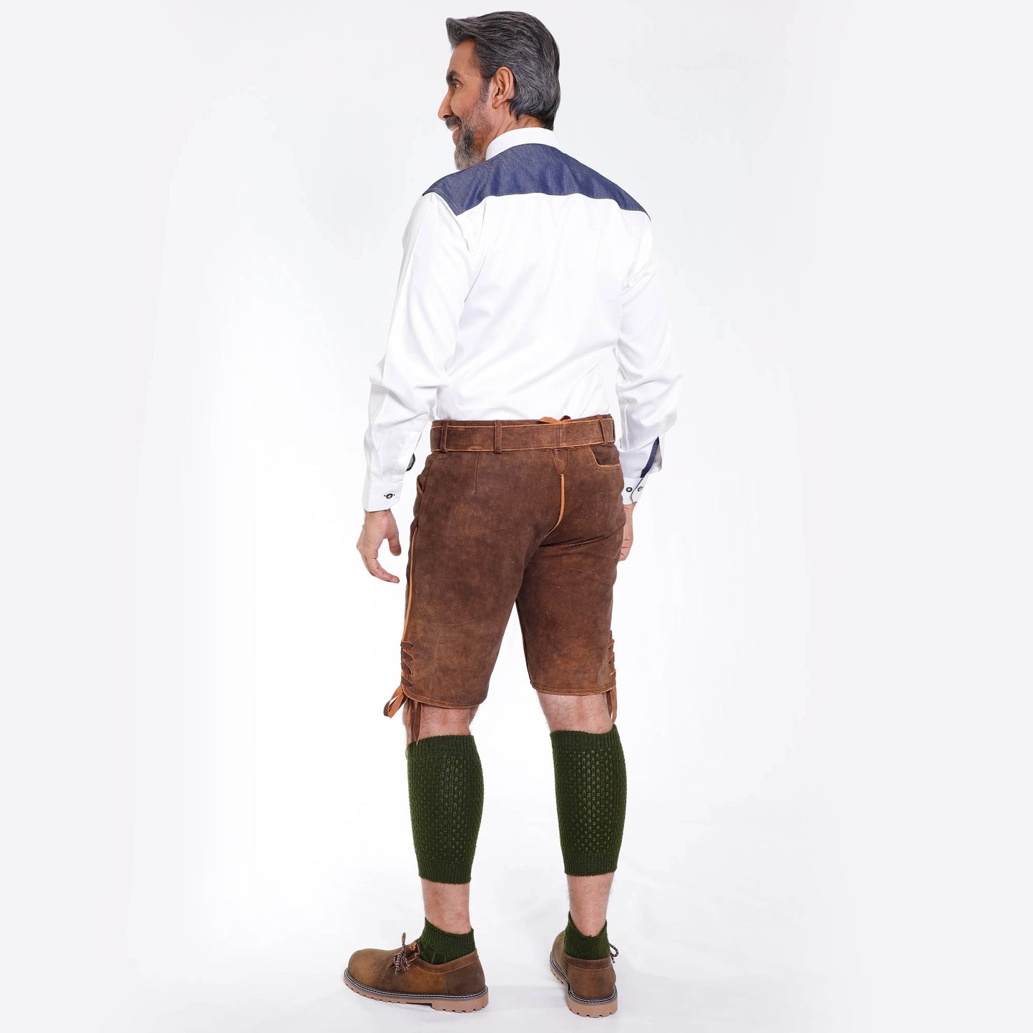 Men's brown leather shorts with yellow embroidery on back; view from behind