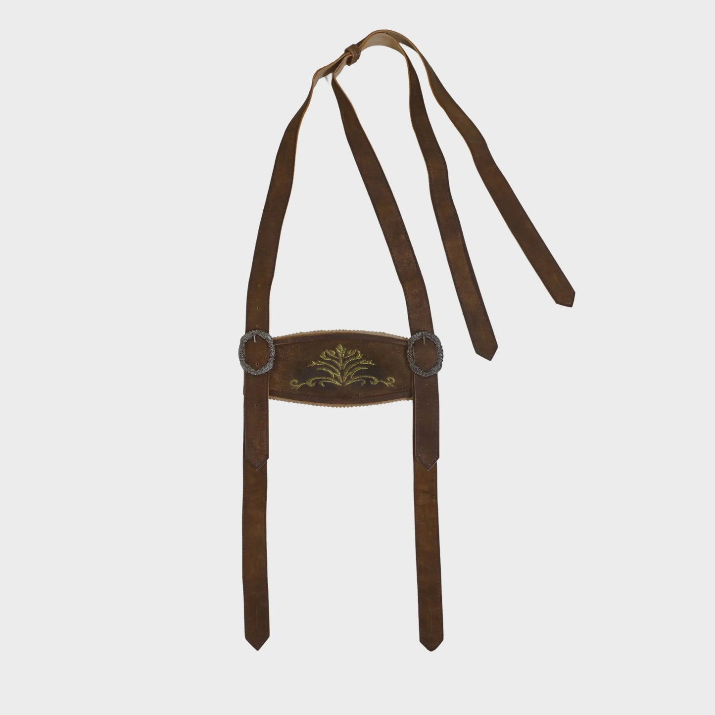 Brown leather suspender straps for lederhosen with green embroidered crest