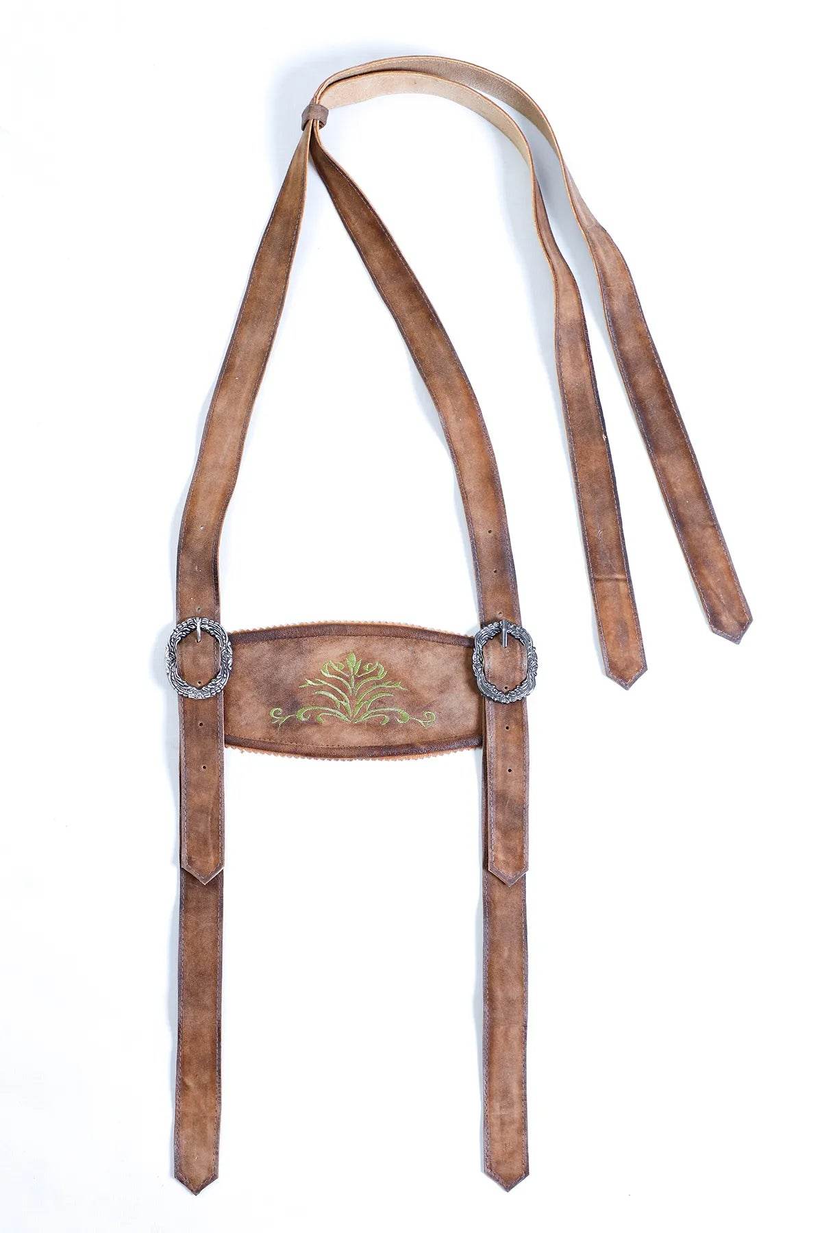 Genuine leather traditional suspenders with embroidered emblem panel