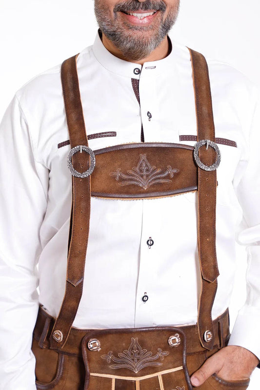 Brown traditional leather trousers with deer antler embroidery, suspenders, and buttons