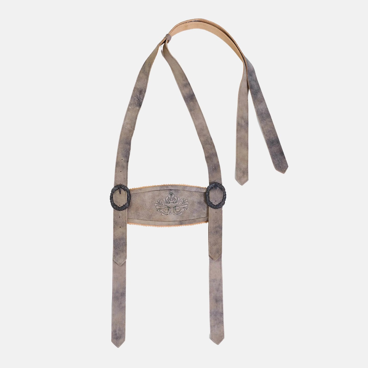Men's brown leather suspenders with decorative front patch and round fasteners