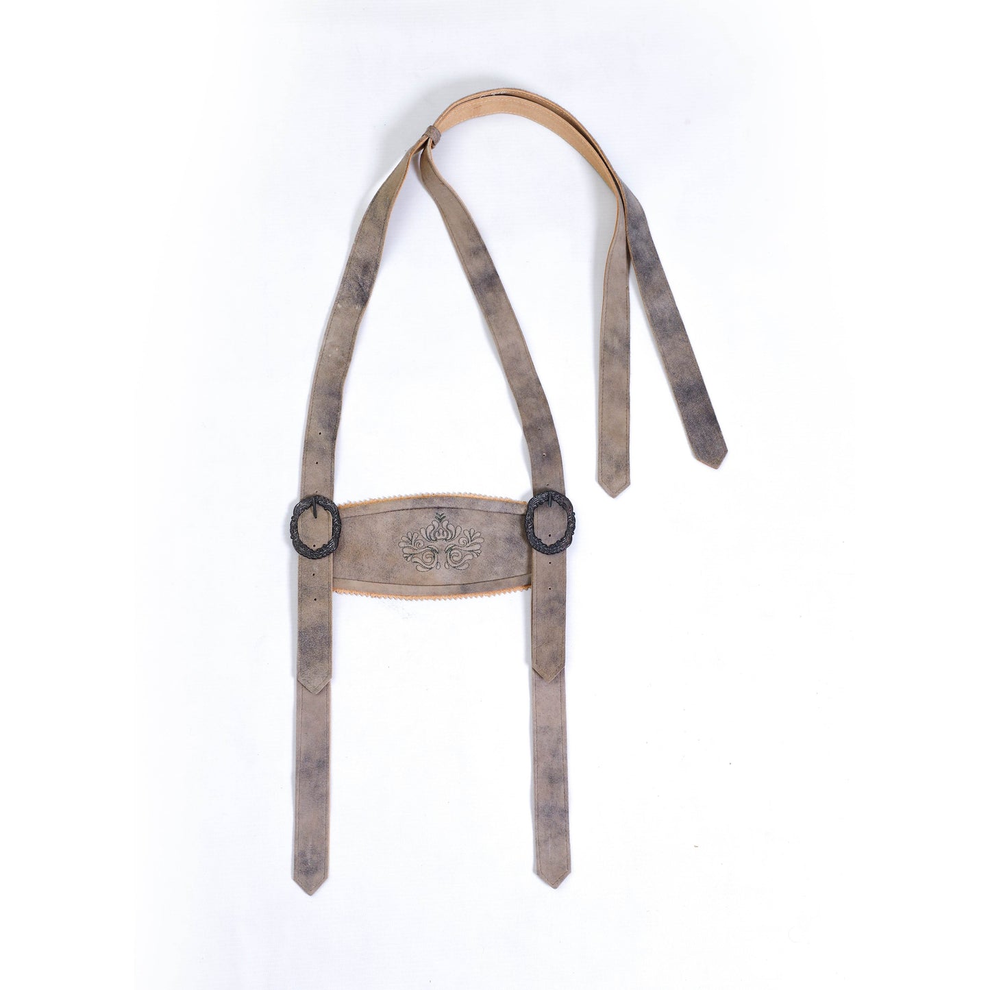 Trachten suspenders with hand-stitched embroidery, dark patterned straps and round metal buttons