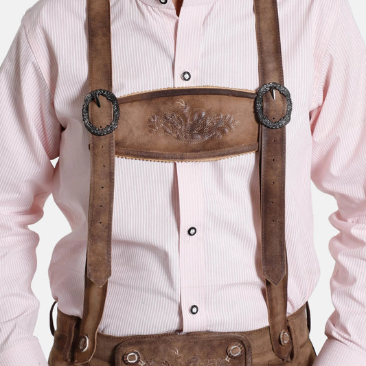 Leather suspenders with ornate oval rings and embossed decorative yoke