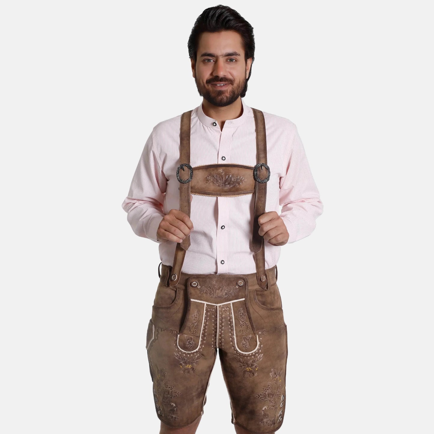 Leather suspenders worn on a man with traditional lederhosen; oval ring details