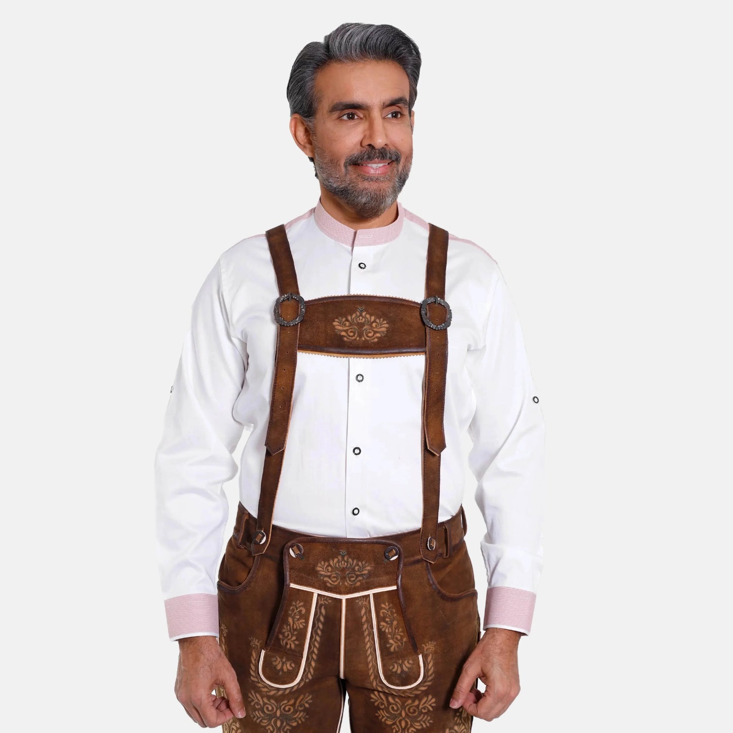 Brown leather suspenders with embossed chest motif and Y-back strap design