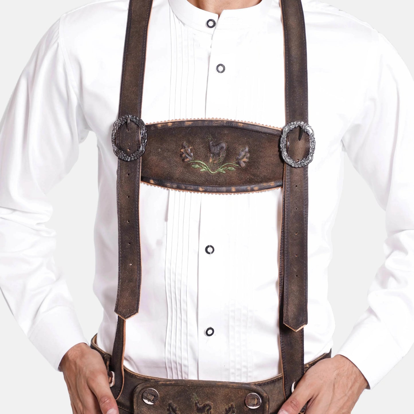 Brown leather suspenders with decorative front panel and round clips
