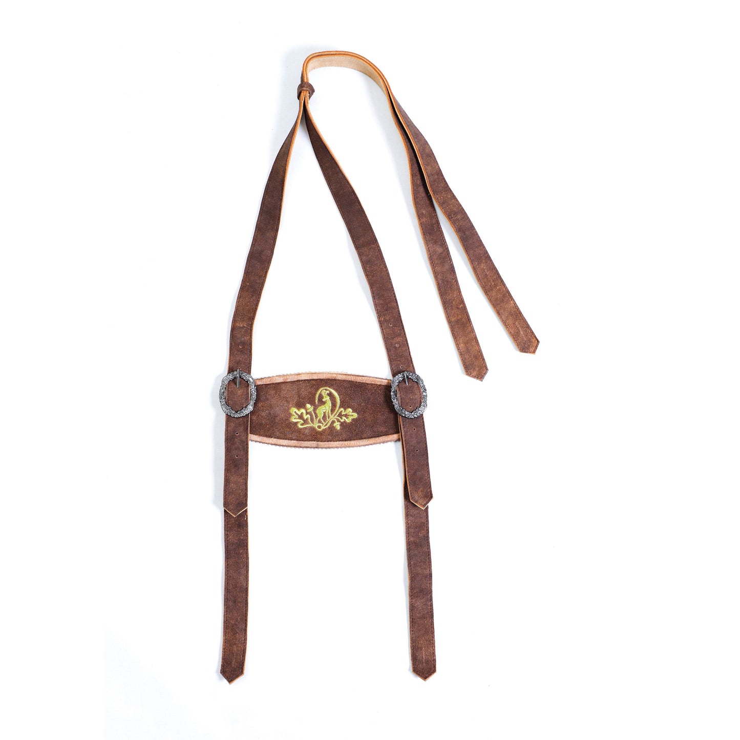 Brown leather suspenders with decorative front panel and metal clips