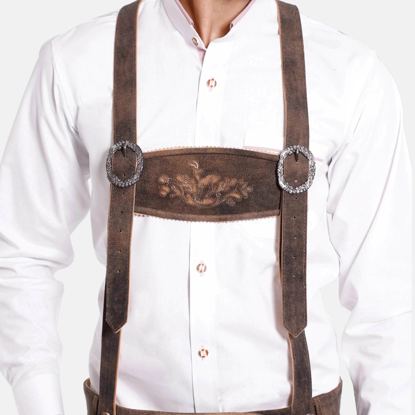 Brown traditional suspenders with embroidered strap panel and adjustable oval clips