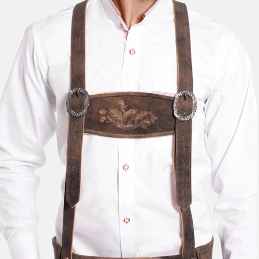 Brown traditional suspenders with embroidered strap panel and adjustable oval clips