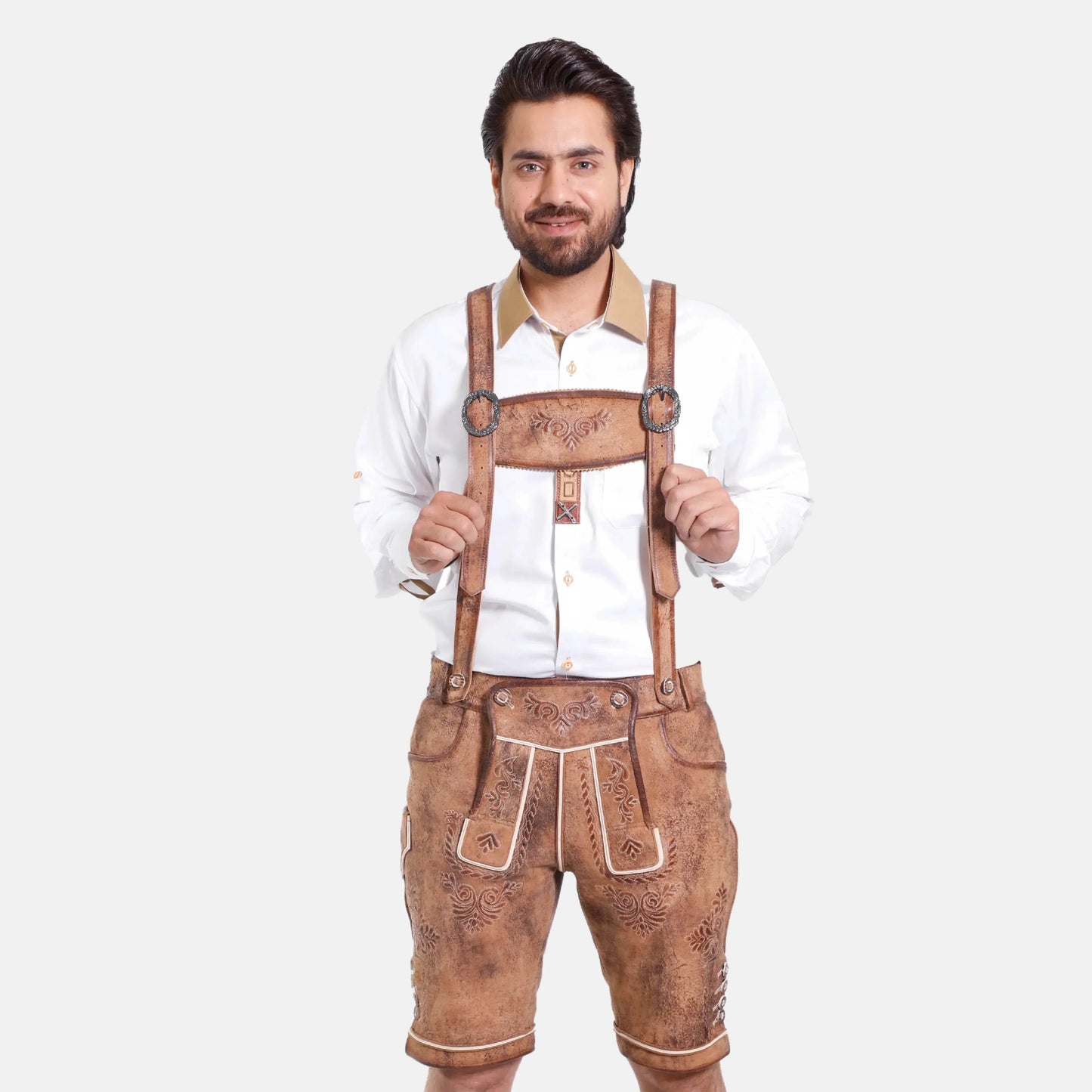 Leather suspenders with embossed yoke and round rings, worn with brown lederhosen shorts