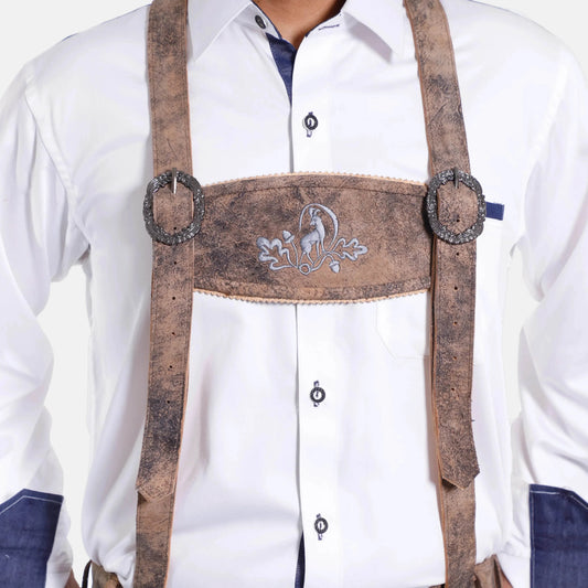 Brown leather lederhosen suspenders with blue embroidered band and round side buckles