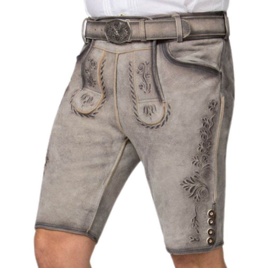 Men's traditional gray leather lederhosen with decorative cuffs, belt, and embroidery