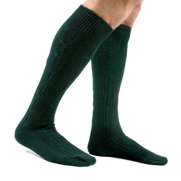 Dark green knit mid-calf trachten socks with subtle cable pattern