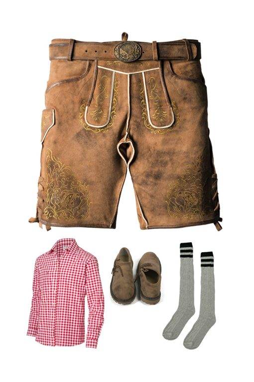 Brown leather shorts with ornate embroidery, red check shirt, gray socks and shoes